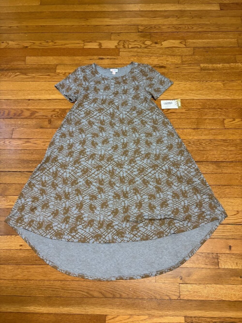 LuLaRoe Disney Womens Carly Dress Size XS Brown Gray Mickey Mouse Stretch NWT
